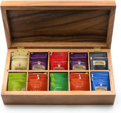 Vista 7 de Ironwood Gourmet Caja de té de madera de acacia, rectangular XL, con 10 compartimentos Store & Display Tea Bag Collections Beautiful Acacia Wood