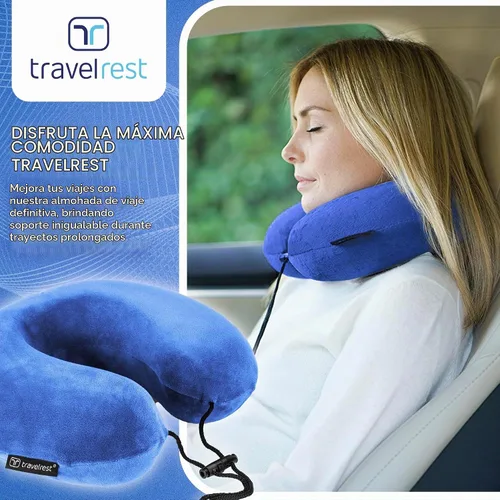 Vista 9 de Almohada terapéutica de viaje Travelrest, viscoelástica, de felpa, con cobertura de microfibra lavable, se engancha al equipaje, Memory Foam, Azul