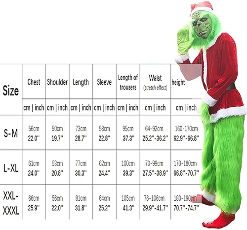 Vista 6 de Disfraz de monstruo verde de Navidad, 7 piezas, traje de Papá Noel para adultos, traje de lujo peludo para adultos, traje de Papá Noel verde