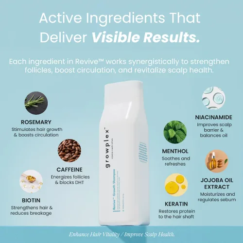 Vista 5 de Growplex Revive Champú fortalecedor para cabello – Con Biotina, Cafeína, Romero y Niacinamida – Apoya un cabello más grueso y con más cuerpo – Sin