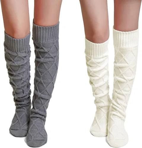 Vista 10 de Pcavin Thigh High Socks for Women, Long Cable Knit Over Knee Boot Stockings 0013 Estilo Negro
