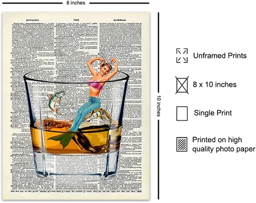 Vista 2 de Bar Man Cave Mermaid Decor – Arte de pared de whisky escocés – Decoración de pared de pescado para hombres, chicos – Impresión divertida para beber