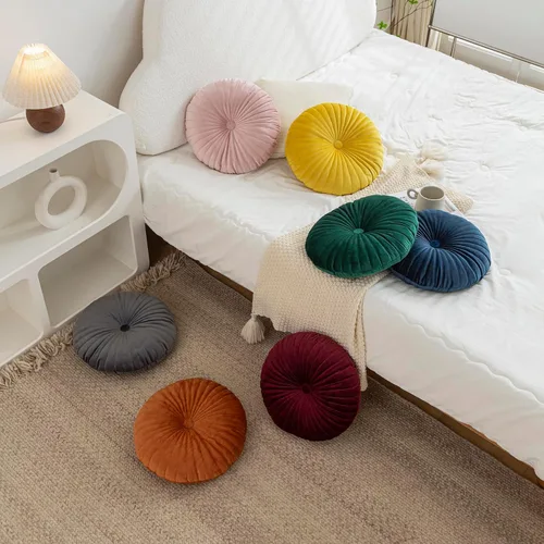 Vista 6 de Teieas - Almohada redonda de terciopelo plisada para decoración, cojín redondo para sofá, silla, cama, coche, burdeos