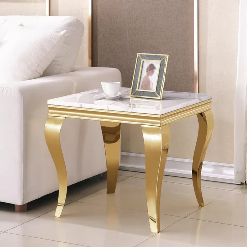 Vista 29 de Mesa de centro de 47 pulgadas de mármol negro con base en forma de U de acero inoxidable espejado, mesa central de parte superior rectangular
