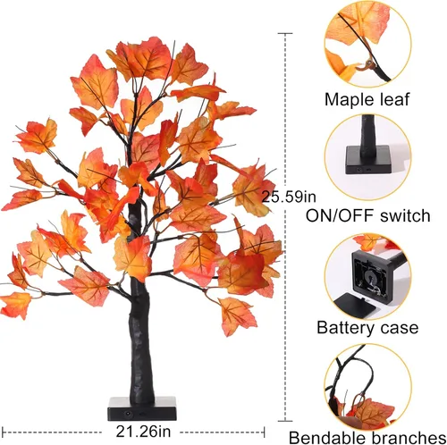 Vista 10 de Paquete de 2 árboles de arce iluminados de 20 pulgadas, 48 luces LED, árbol artificial de otoño para decoración de interiores de cosecha de Acción
