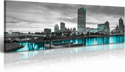Vista 12 de JiazuGo Phoenix Skyline Arte de Pared en Lienzo - Paisaje Urbano de Arizona Enmarcado (14x48 Pulgadas) Negro y Blanco con Amarillo, Decoración