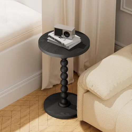 Vista 7 de Mesa auxiliar redonda, mesa de bebidas para espacios pequeños, mesita de noche moderna con patas de madera de goma para sala de estar, dormitorio