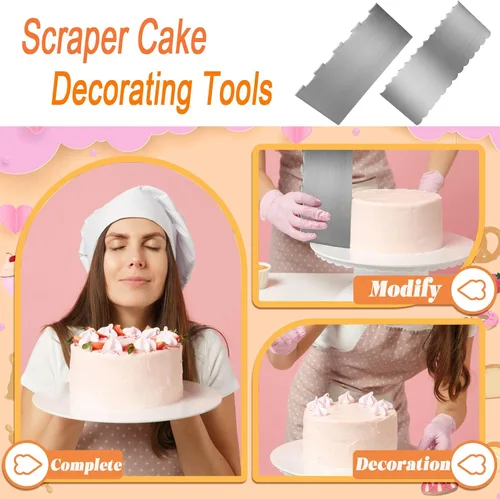 Vista 4 de 2 piezas de raspador de pasteles de acero inoxidable, 9 pulgadas, rascador grande más suave para tartas, contorno de doble cara, herramienta