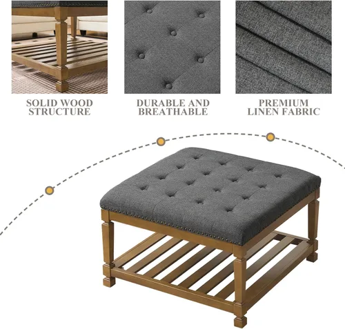 Vista 6 de Otomana con banco de almacenamiento, mesa de centro otomana de lino, gris oscuro Solid frame for added stability, 3.2-inch storage ottoman cushion