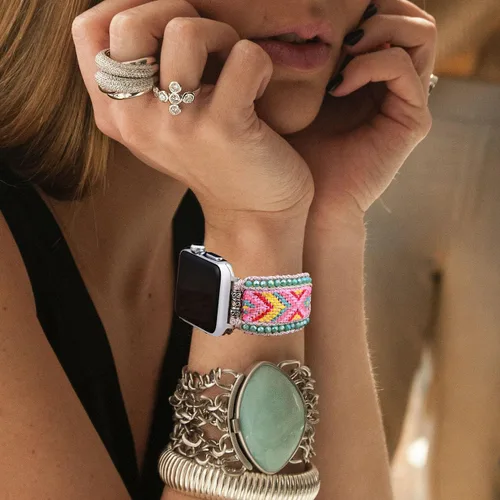 Vista 2 de Pulseras trenzadas bohemias compatibles con Apple Watch Band de 1.614 in 1.575 in 1.496 in 1.654 in 1.732 in 1.772 in 1.929 in, correa ajustable