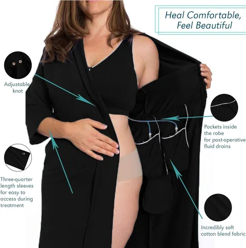Vista 7 de Bata de recuperación, posmastectomía, regalos de cáncer de mama, para mujer, bata de cirugía de mama con bolsillos internos, cambio de imagen