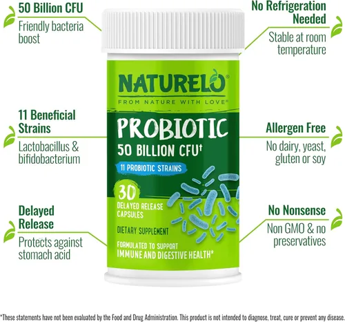 Vista 2 de NATURELO Probióticos para la salud digestiva - 50 mil millones de UFC, suplemento diario de 11 cepas - Estimula el sistema inmunológico, liberación