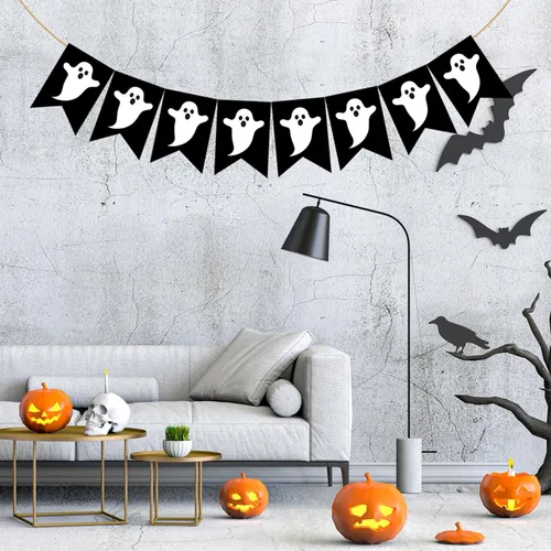 Vista 7 de Doumeny Pancarta de arpillera de fantasma de Halloween, guirnalda espeluznante, guirnalda espeluznante, pancarta negra para fiesta, bandera de truco