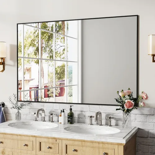 Vista 21 de [Usado] Espejo de baño con marco negro mate, espejo rectangular de tocador de 55 x 30 pulgadas, espejo de pared rectangular grande, antioxidante