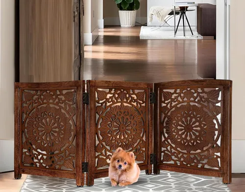 Vista 2 de Lightnpro - Puerta de madera tallada para perros, puerta plegable independiente para mascotas, barrera de seguridad extra ancha para perros