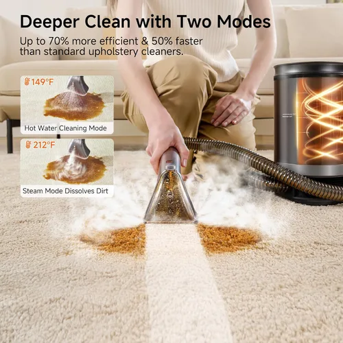 Vista 2 de Uwant Limpiador de alfombras portátil con vapor y agua caliente, 18 Kpa, máquina limpiadora de tapicería para mascotas con herramientas de limpieza