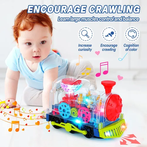 Vista 2 de Juguetes de tren iluminado para niños pequeños, juguetes sensoriales interactivos para autismo con engranajes móviles coloridos, música y luz LED