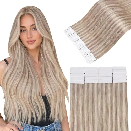 Vista 14 de Easyouth Extensiones de cabello humano rubio con cinta, extensiones de cabello humano rubio blanco, 12 pulgadas, 20 unidades, 1.06 onzas