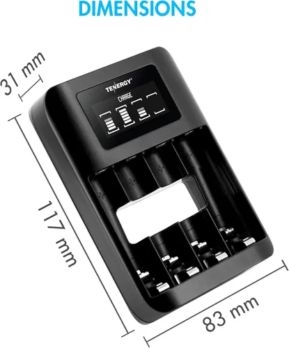 Vista 7 de Tenergy TN474U Cargador de batería NiMH/NiCD de 4 bahías con pantalla LCD y entrada USB, cargador portátil para baterías AA/AAA NiMH y NiCD