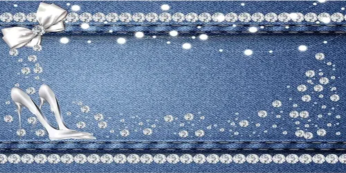 Vista 8 de AOFOTO Telón de fondo azul de mezclilla y diamantes de 5 x 3 pies con purpurina y tacones de cristal con lazo, fondo de fotografía para mujeres