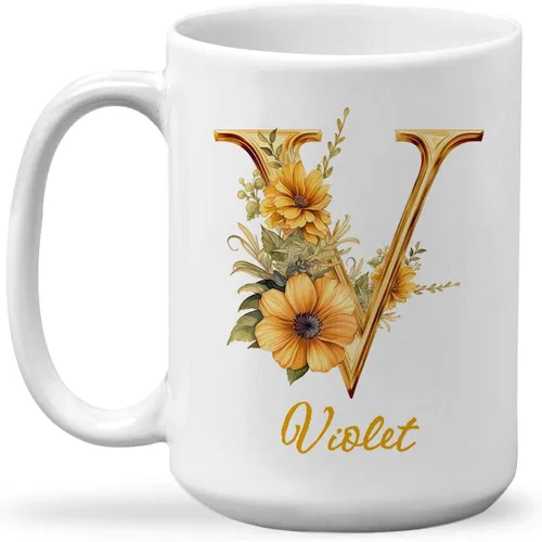 Vista 10 de Taza de cerámica personalizada con letra A del alfabeto, taza de café personalizada con nombre, taza de té inicial con monograma floral