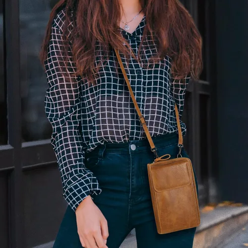 Vista 6 de Bolso bandolera pequeño de cuero para mujer, con ranura para tarjetas
