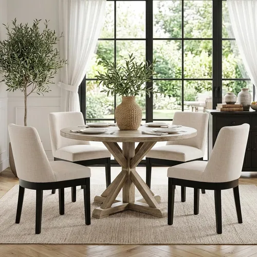 Vista 3 de HNY Juego de 2 sillas de comedor modernas con cómodo soporte de espalda, sillas de comedor tapizadas de lino suave con patas de madera maciza