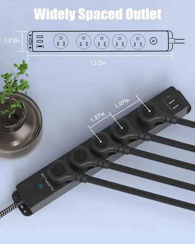 Vista 7 de AUOPLUS - Regleta protectora de sobretensiones con puertos USB C, cable de extensión trenzado de 5 pies, 5 salidas y 3 puertos USB (1 USB C)