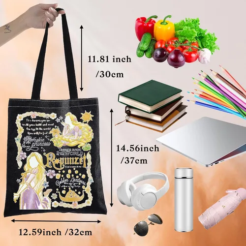 Vista 2 de BWWKTOP Bolso de mano de princesa Regalos de princesa Bolso de hombro de lona de princesa de pelo largo Bolsa de compras de princesa de cuento