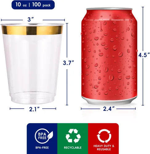 Vista 2 de JOLLY CHEF Paquete de 100 vasos de plástico dorado de 10 onzas, vasos de plástico transparente elegantes con borde dorado desechables, perfectos