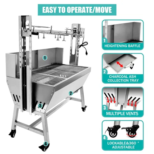 Vista 3 de Asador de acero inoxidable, asador de cordero de cerdo pequeño con motor de 25 W, parrilla asadora de carbón de 37 pulgadas para acampar al aire