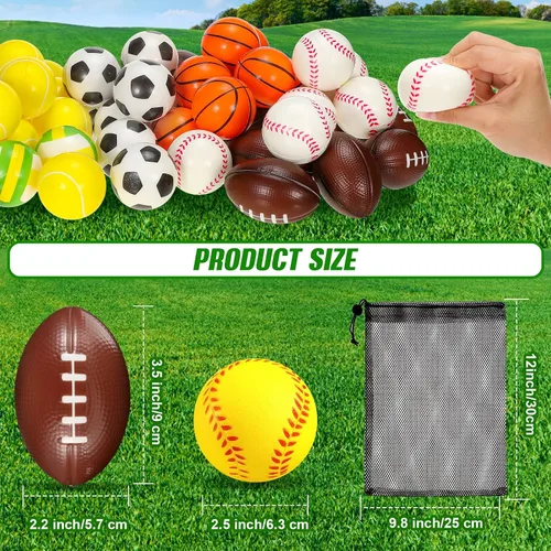 Vista 3 de HyDren 72 pelotas deportivas para el estrés, mini pelota deportiva de espuma, incluye bolsa de almacenamiento, baloncesto, fútbol, fútbol, tenis