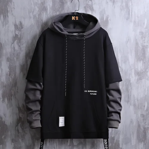 Vista 4 de GURUNVANI Sudadera con capucha de color de contraste para hombre Sudaderas con capucha de patchwork
