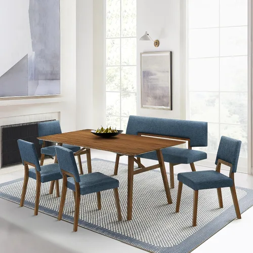 Vista 12 de Channell - Banco de comedor de madera con acabado de nogal con tela azul