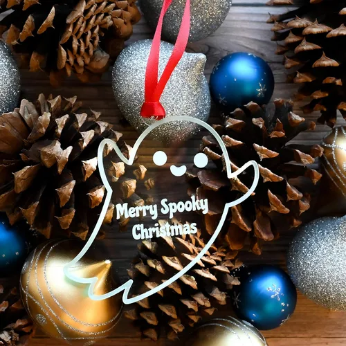 Vista 5 de LHS Caja de regalo personalizada para decoración de árbol de Navidad de Halloween, incluye fantasma espeluznante, adorno personalizado 2022