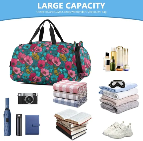 Vista 5 de Buttercup Turquoise Fuschia Line Drawing Gym Duffel Bag with Shoes Compartment Large Capacity Travel Duffel Bag for Beach Swim Bags Pool Sports