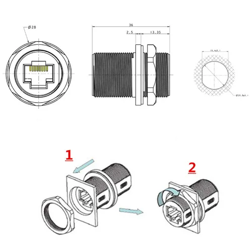 Vista 8 de 5 unids Panel de montaje blindado RJ45 impermeable Cat5/5e/6 8P8C conector Ethernet LAN Cable adaptador de doble cabeza con impermeable/tapa