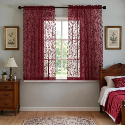 Vista 39 de FINECITY 2 paneles de cortinas de encaje beige de 36 pulgadas de largo con hojas florales rústicas, cortinas cortas y transparentes para ventana