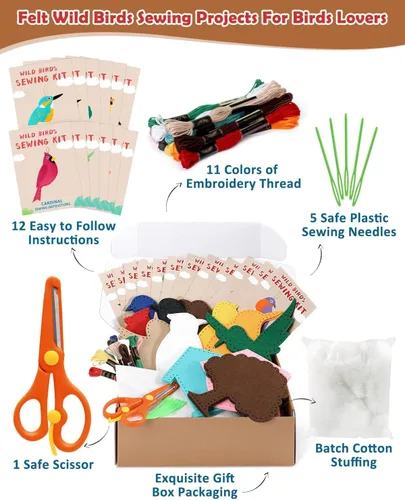 Vista 3 de CiyvoLyeen Kit de Costura de Aves Silvestres para Niños y Niñas Kit de Costura de Animales para Principiantes Conjunto de 12 Proyectos de Costura