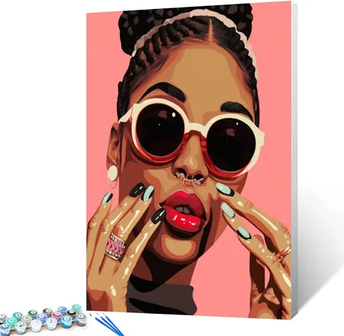 Vista 41 de Pintura por Números Afroamericana DIY Pintura Acrílica Kit de Pintura por Números para Niños Adultos Principiantes Chica Negra de Moda DIY Pintura