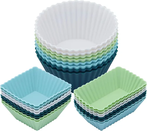 Vista 8 de Paquete de 24 moldes de silicona para magdalenas, moldes reutilizables para cupcakes para hornear, divisores Bento de 3 formas para lonchera Colorido