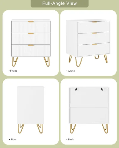Vista 9 de Cómoda blanca para dormitorio, moderna cómoda acanalada de 3 cajones con almacenamiento, cómoda con asas doradas para dormitorio, sala de estar