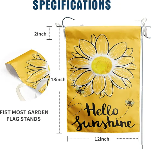 Vista 2 de Bandera de Jardín Hello Sunshine con Abeja y Girasol, Banderas de Jardín de Verano para Exteriores, Bandera de Flores Amarillas 12x18 pulgadas Doble