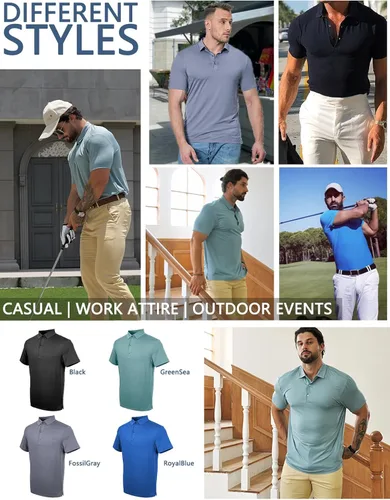 Vista 6 de Camisa de golf Dry Fit para hombre, polo de manga corta, atlética, con cuello de malla, absorbe la humedad, tecnología sin costuras