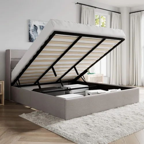 Vista 14 de SHA CERLIN Cama de Almacenamiento Elevable Tamaño Completo/Tapizada en Terciopelo/Cabecera Moderna Wingback/Marco de Cama Plataforma Negro