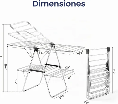 Vista 2 de Estante de secado de ropa plegable de 2 niveles de acero inoxidable, altura Negro oscuro