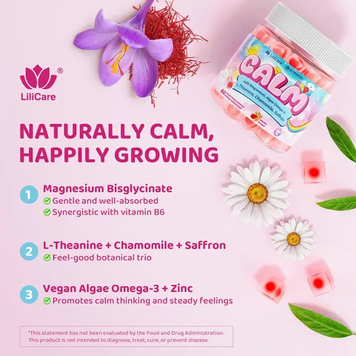 Vista 4 de Kids Calm - Gomitas de bisglicinato de magnesio y azafrán + Omega 3 vegano, suplemento quelado de glicinato de magnesio para niños con L-teanina