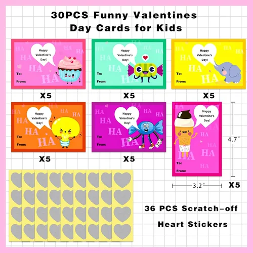 Vista 6 de JUESMOS Tarjetas de San Valentín para niños, 30 tarjetas divertidas de broma para raspar con calcomanías, tarjetas de felicitación de San Valentín