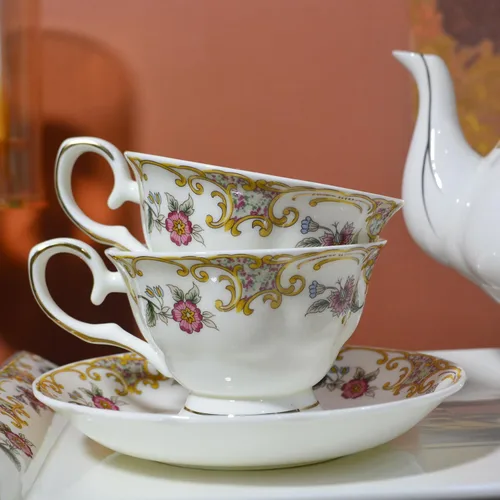 Vista 5 de ACMLIFE Juego de té de porcelana de hueso para adultos, juego de té de porcelana fina blanca y floral de 21 piezas, juego de 6 tazas de té inglés