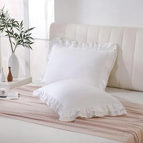 Vista 11 de Bedbay Juego de 2 fundas de almohada beige tamaño Queen, fundas de almohada con volantes, fundas de almohada Shabby Chic tamaño estándar, fundas